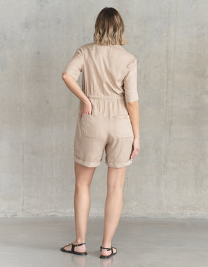 Linen-Blend Button-Down Maternity and Nursing  Romper