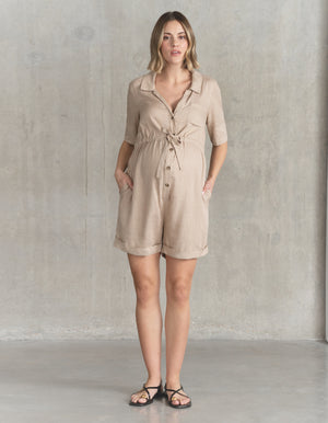 Linen-Blend Button-Down Maternity and Nursing  Romper