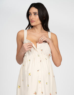 Embroidered Button-Down Midi Maternity-To-Nursing Dress