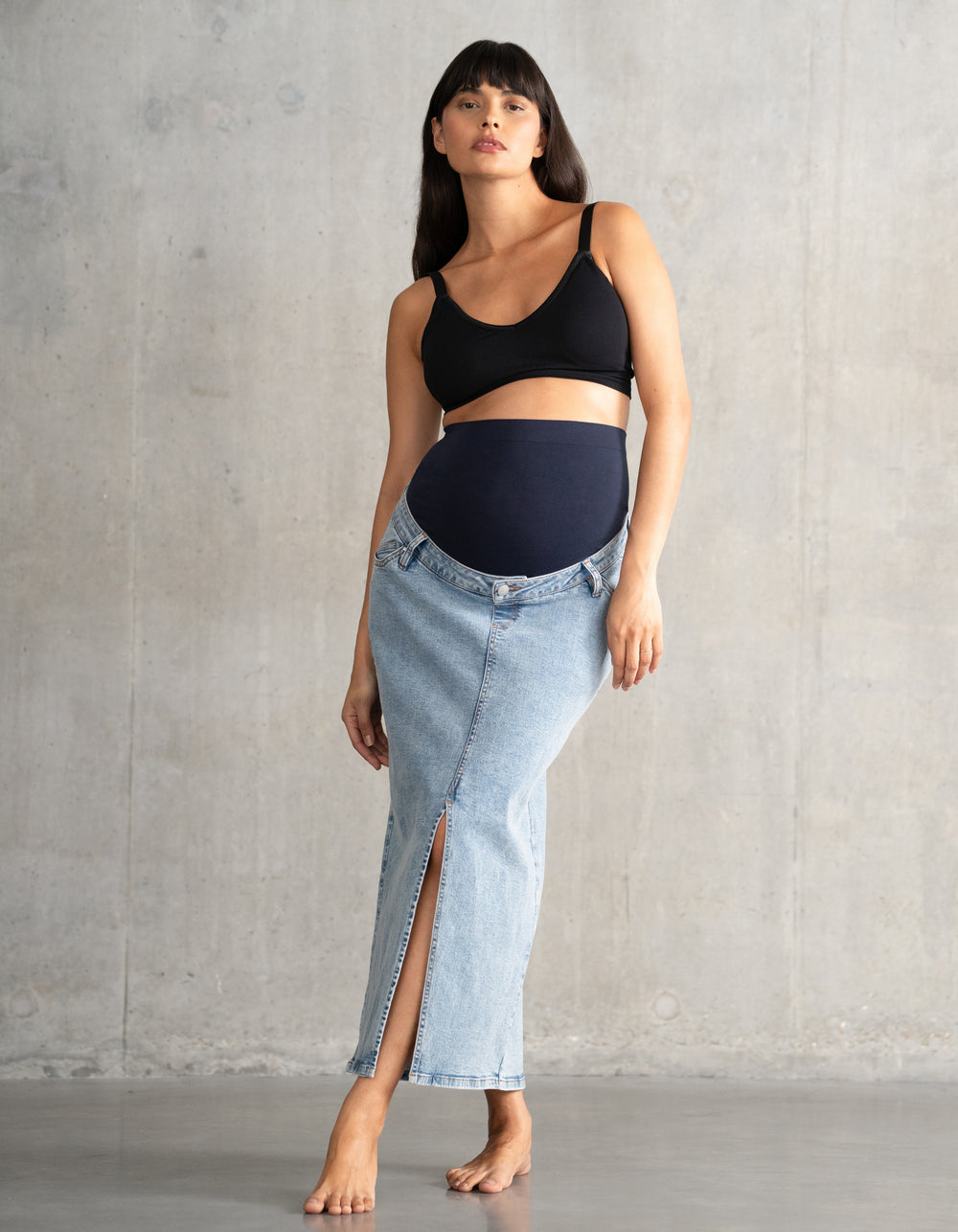 Über dem Bauch sitzender Denim-Midi-Umstands | Seraphine