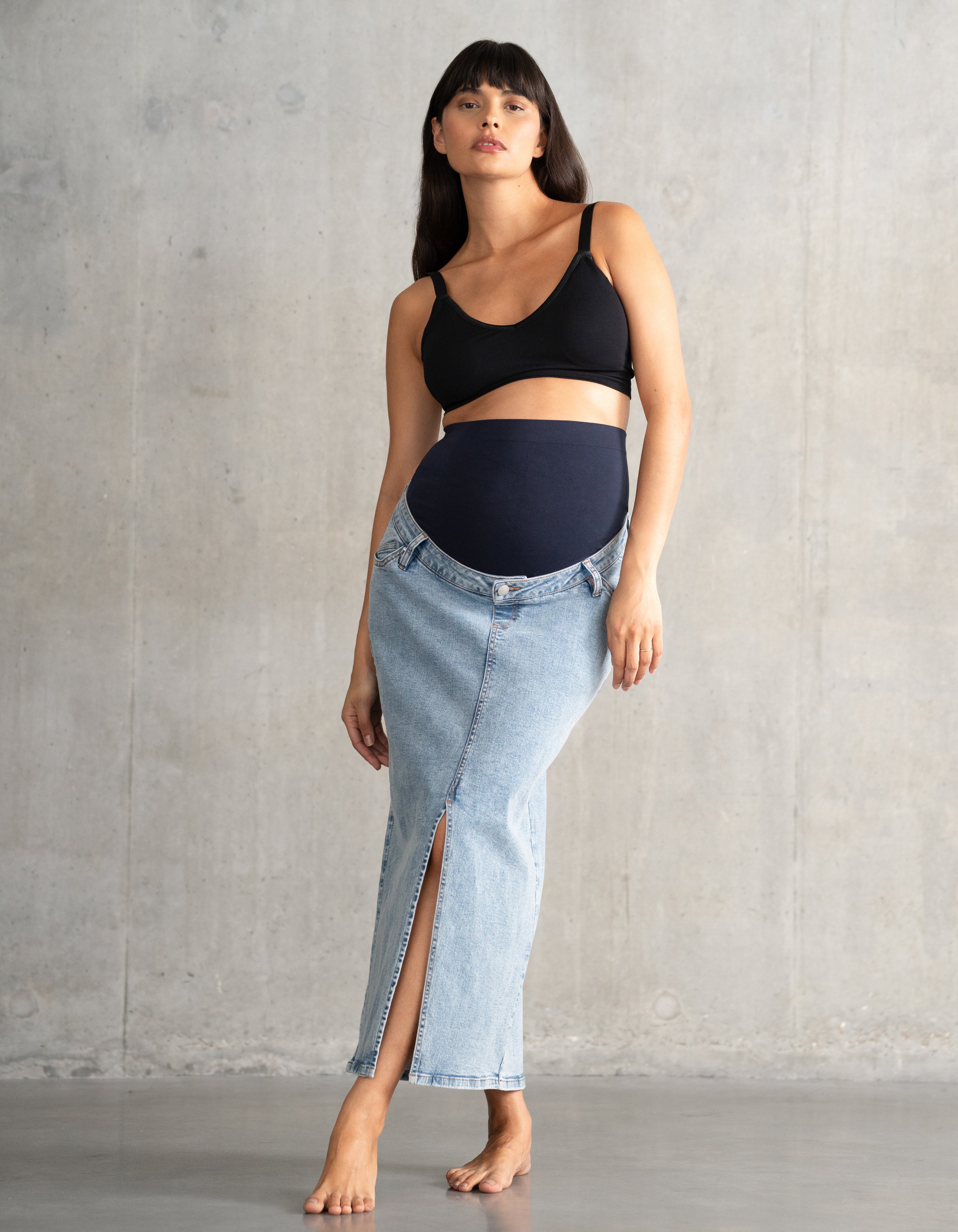 Über dem Bauch sitzender Denim-Midi-Umstands | Seraphine