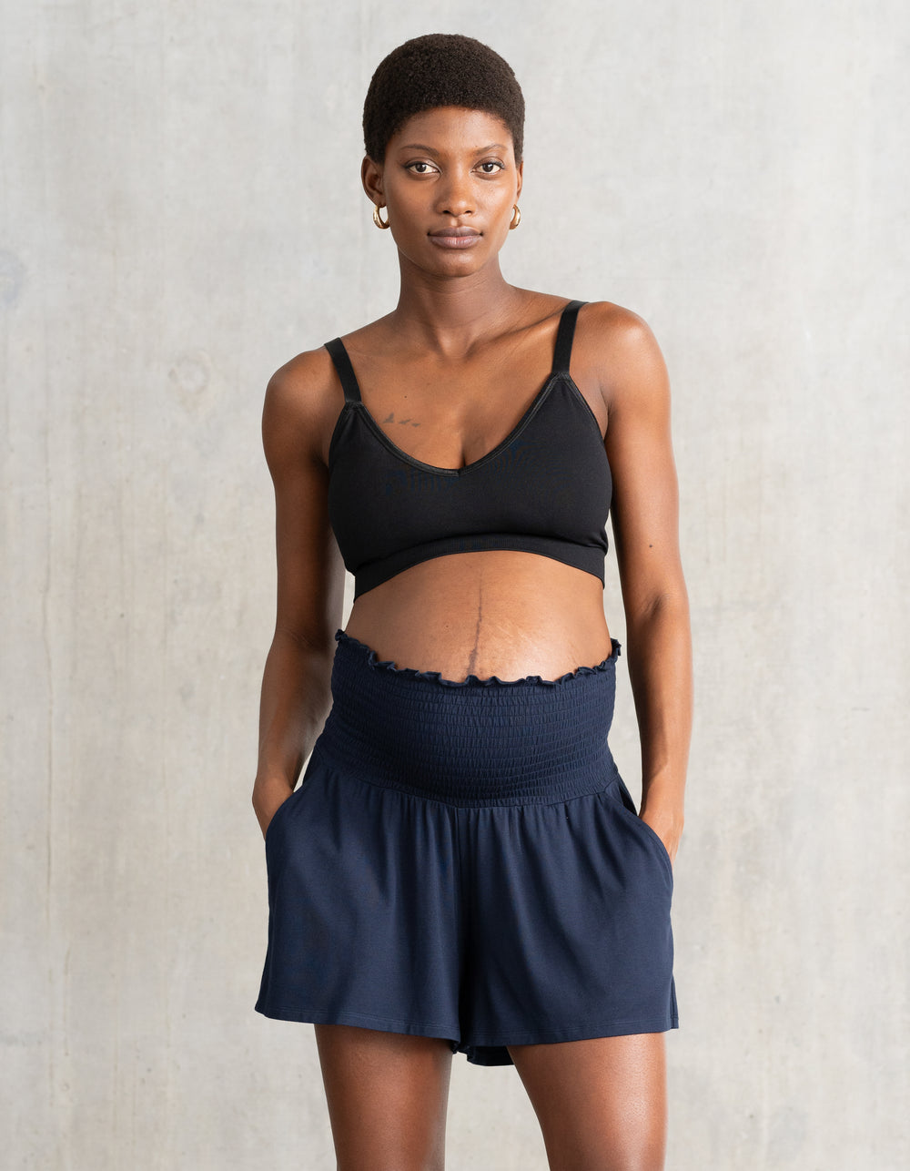Short Grossesse à Taille Froncée Bleu Marine