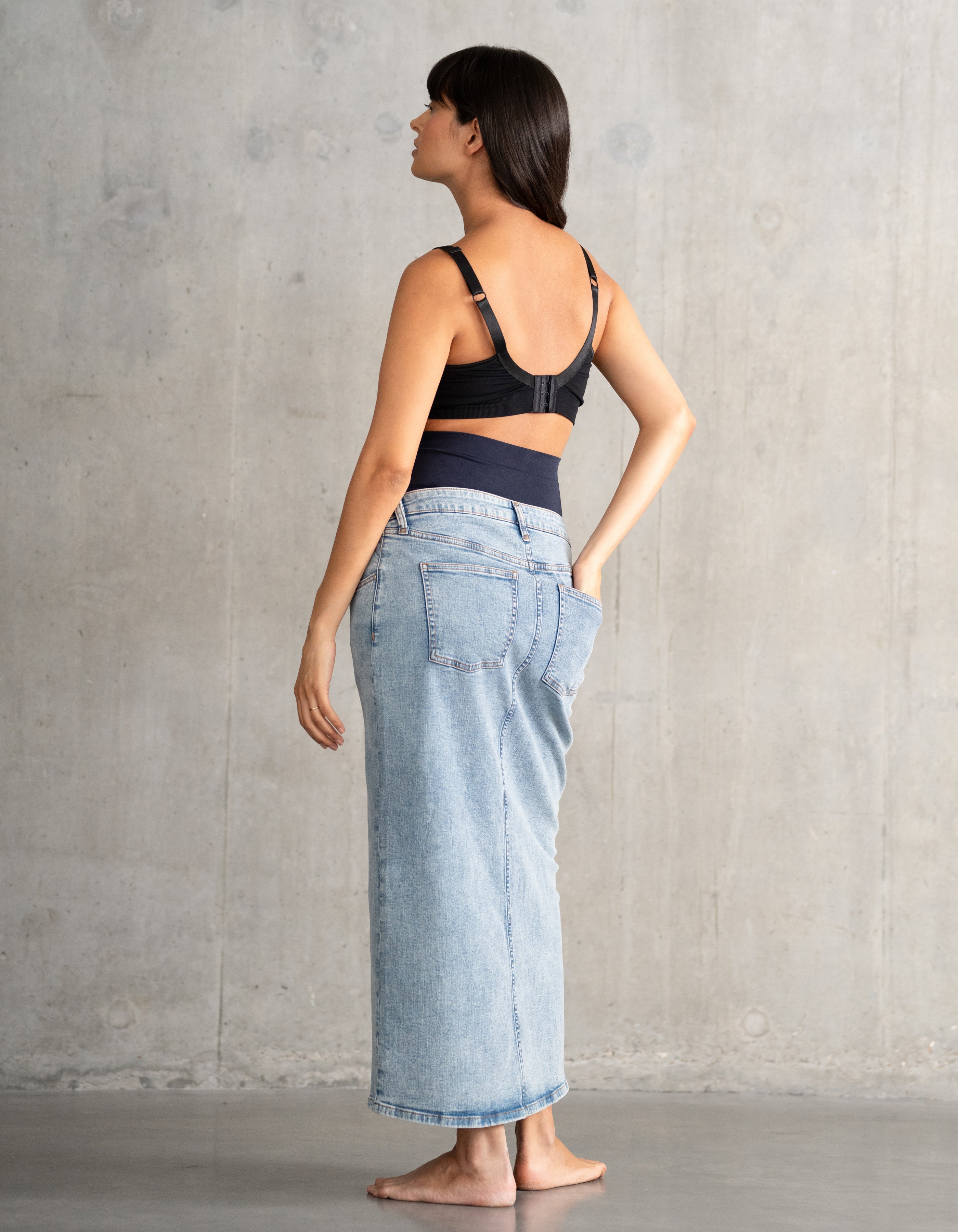 Über dem Bauch sitzender Denim-Midi-Umstands | Seraphine