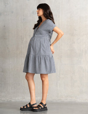 Cotton Gingham Button-Down Shift Maternity-To-Nursing Dress