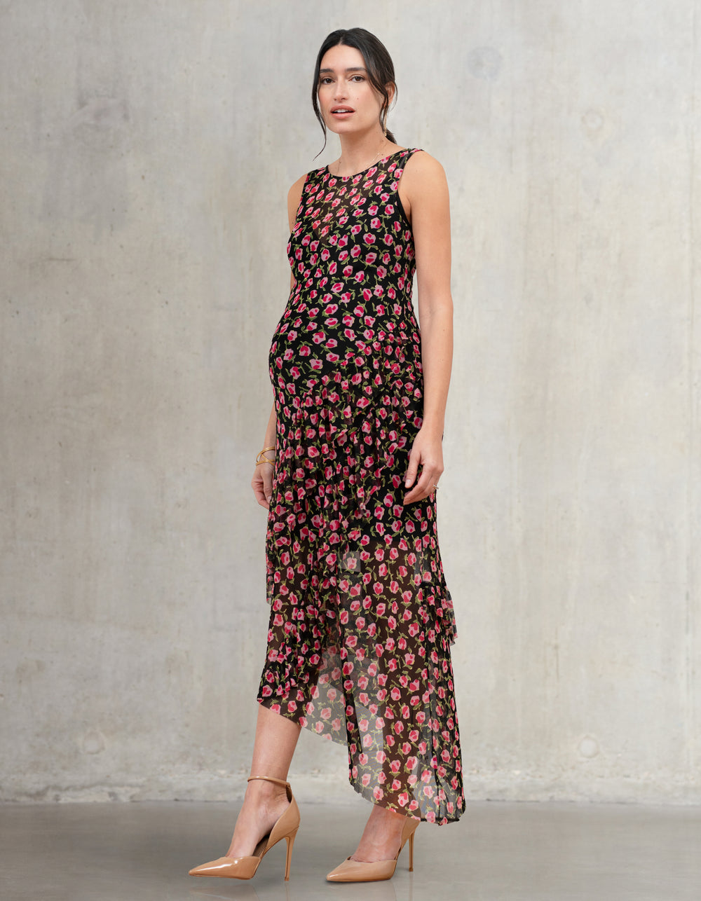 Two-Piece Asymmetric Mesh Frill Maternity Dress