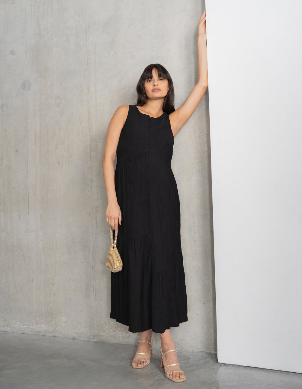 Asymmetric Zip-Front Tiered Maternity + Nursing Midi Dress