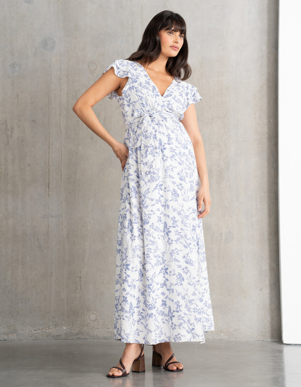 Robe grossesse longue cache-cœur manches volantées