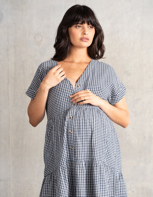 Cotton Gingham Button-Down Shift Maternity-To-Nursing Dress
