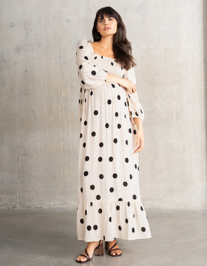 Polka Dot Shirred Bodice Maxi Maternity Dress