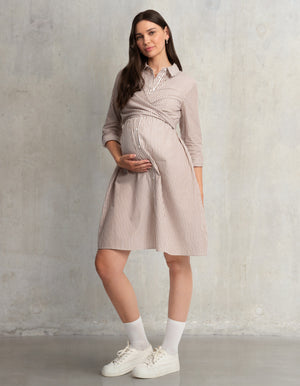 Robe chemise de grossesse et d’allaitement à rayures en mélange de coton