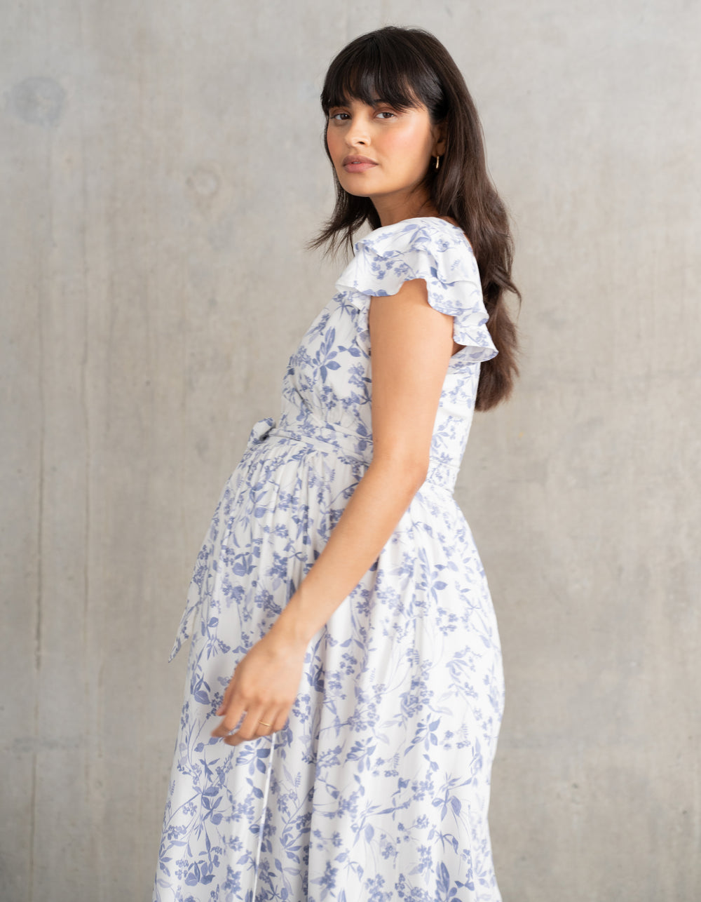 Robe grossesse longue cache-cœur manches volantées