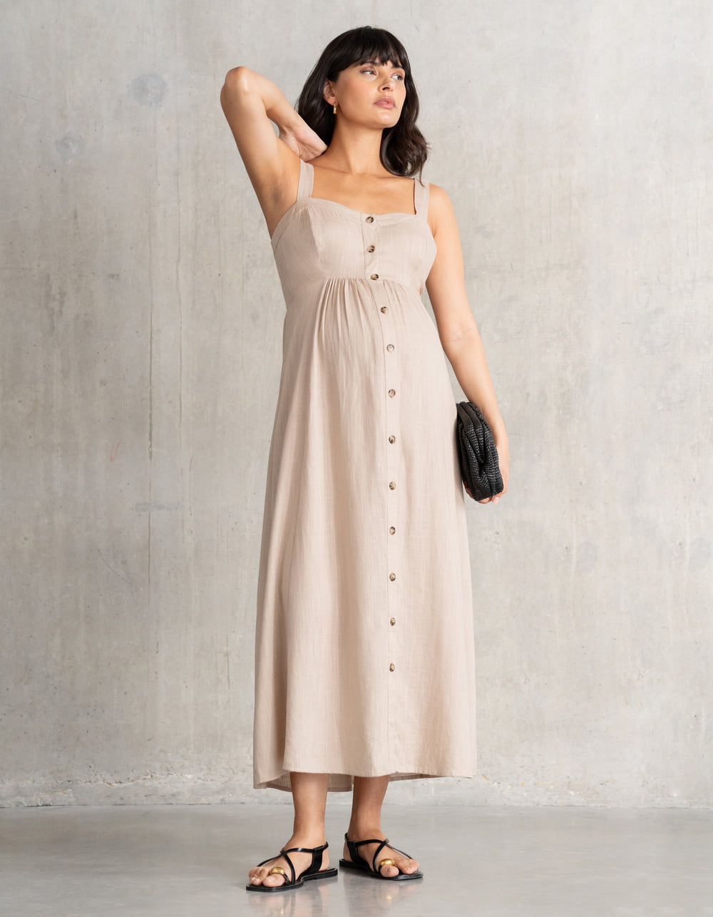 Linen-Blend Button-Front Midi Maternity + Nursing Dress