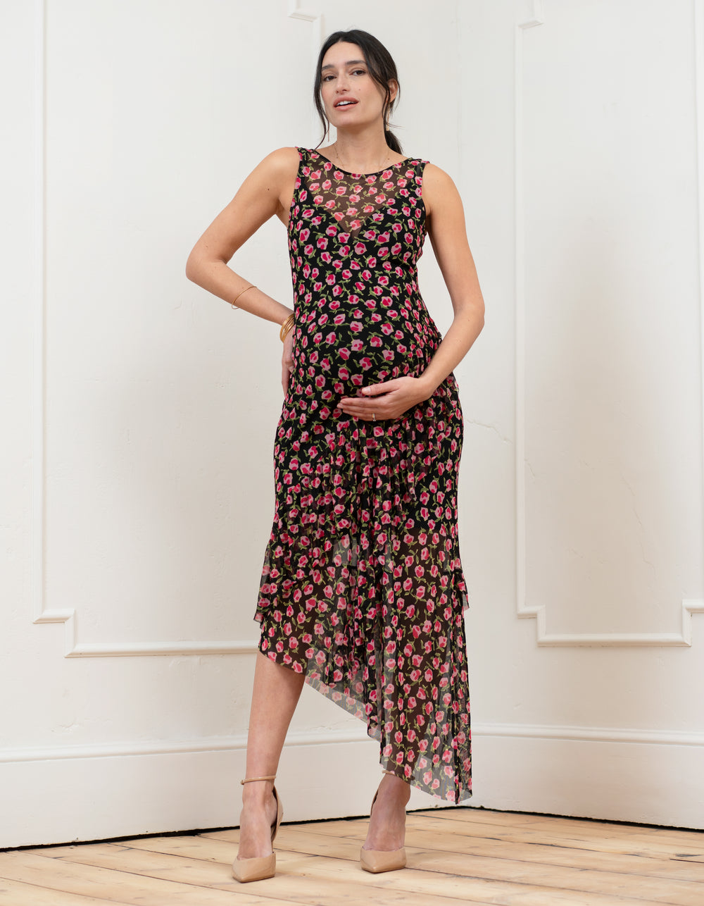 Two-Piece Asymmetric Mesh Frill Maternity Dress