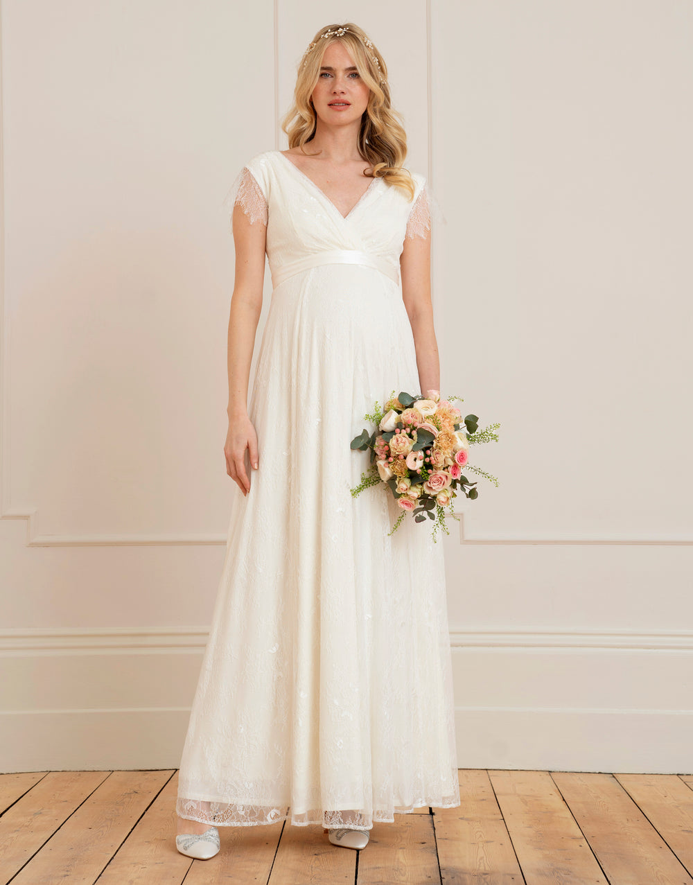 Long Lace V-Neck Maternity Bridal Gown
