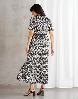 Monochrome Floral Print Maternity + Nursing Tea Dress with Bow Detail