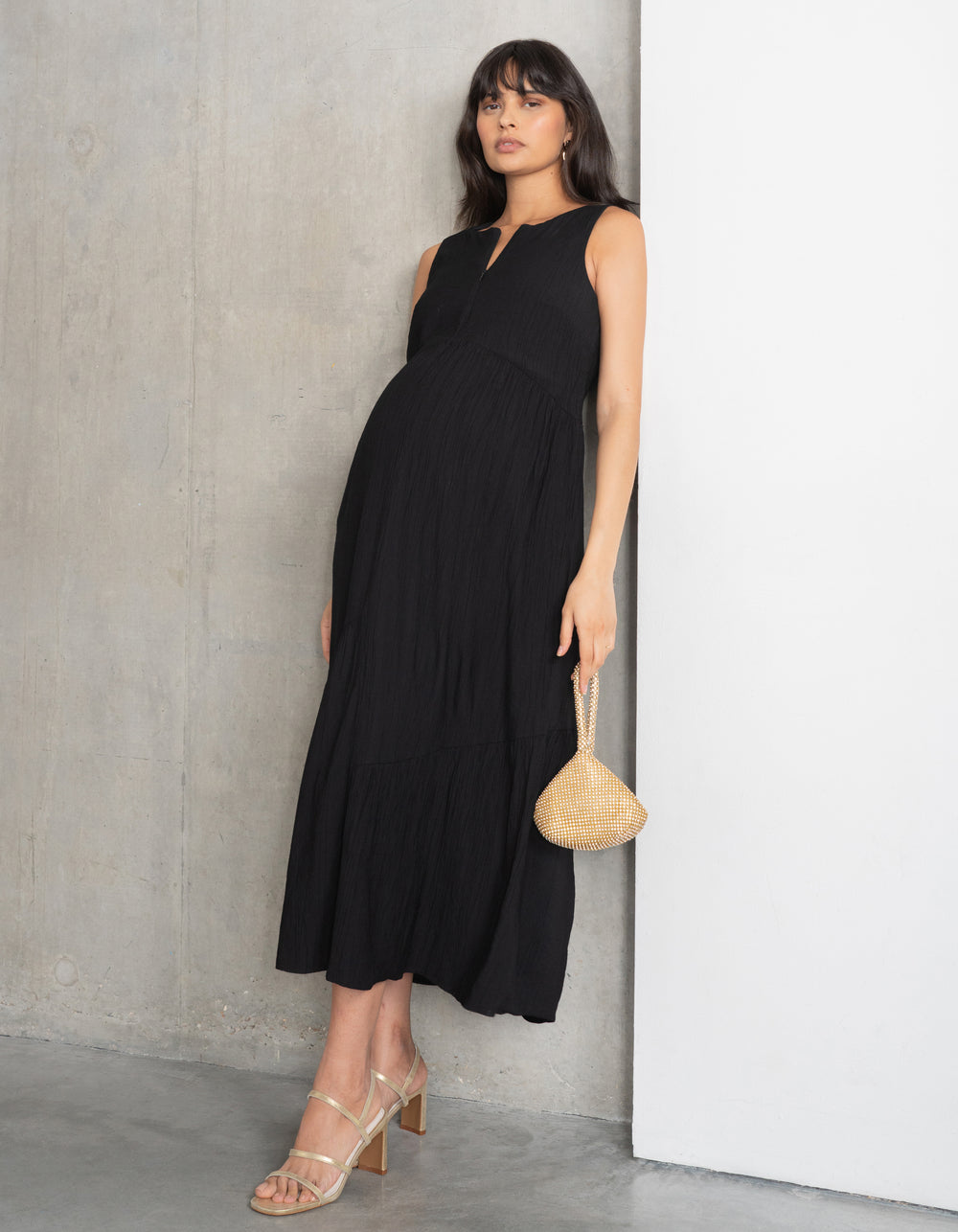Asymmetric Zip-Front Tiered Maternity + Nursing Midi Dress