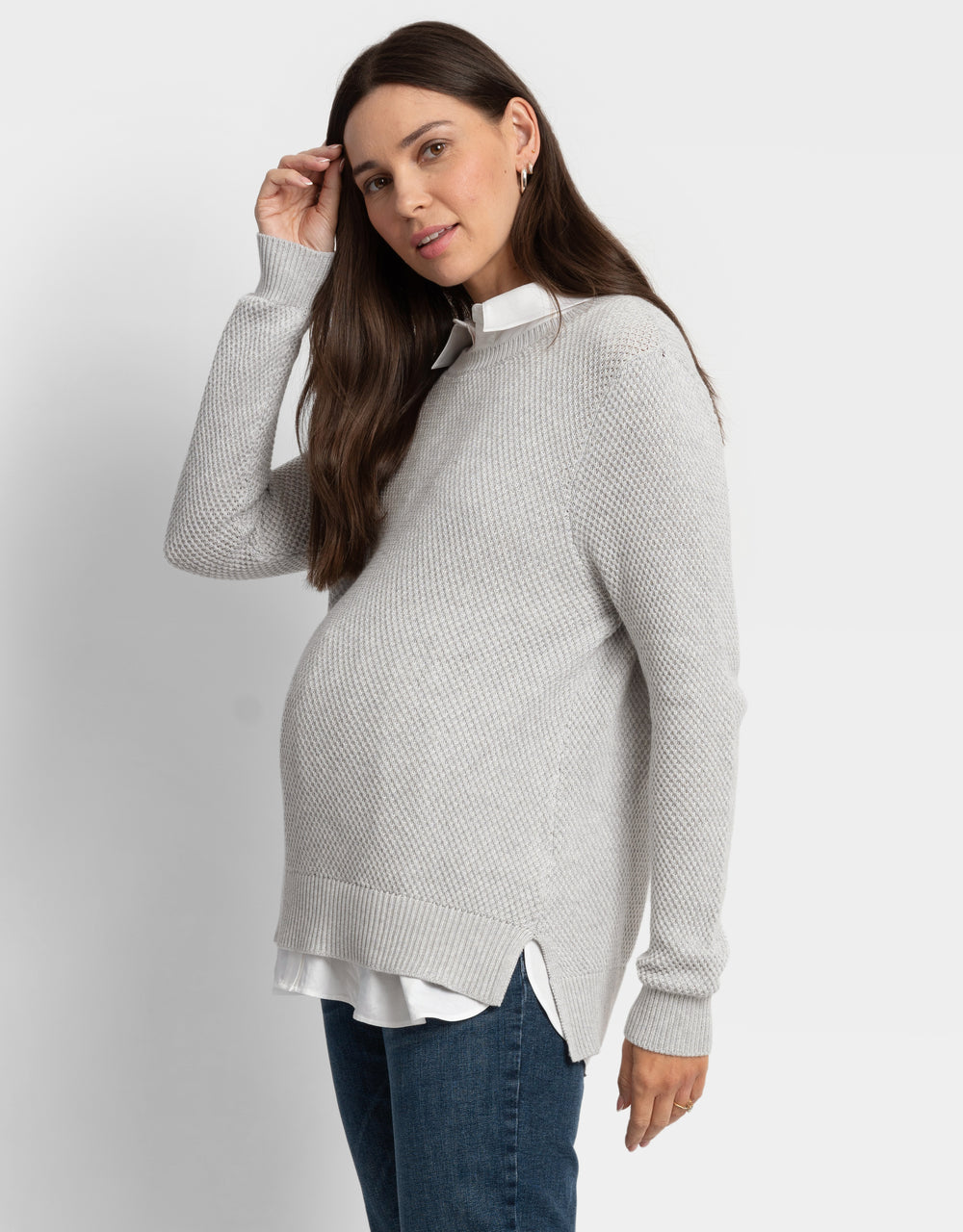 Knit Maternity + Nursing Jumper with Woven Shirt