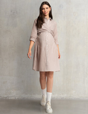 Robe chemise de grossesse et d’allaitement à rayures en mélange de coton