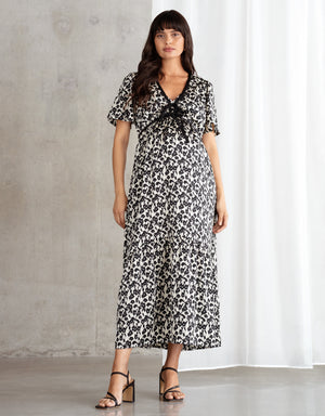 Monochrome Floral Print Maternity + Nursing Tea Dress with Bow Detail