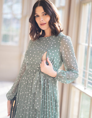 Sage Polka Dot Chiffon Maternity + Nursing Dress