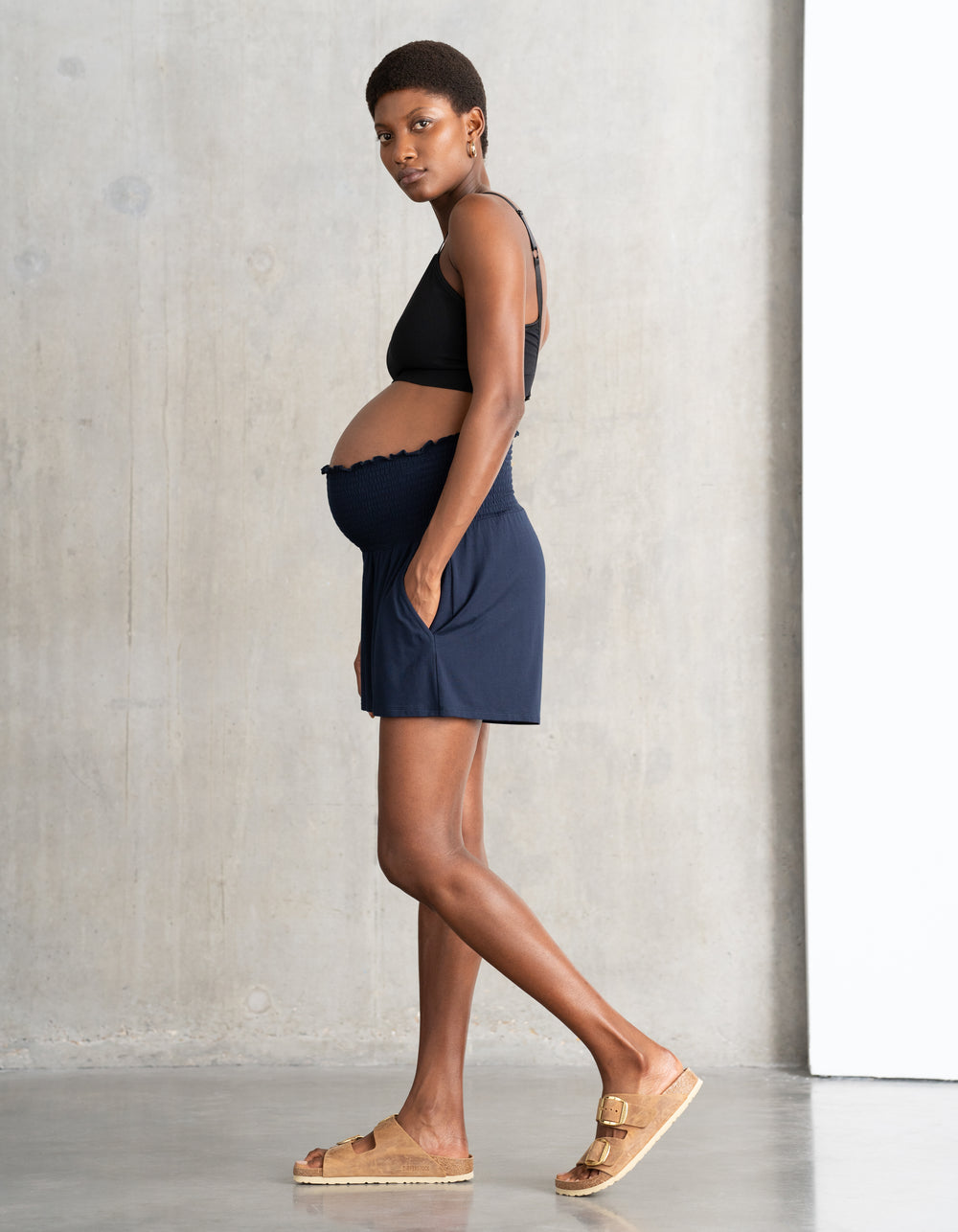 Short Grossesse à Taille Froncée Bleu Marine