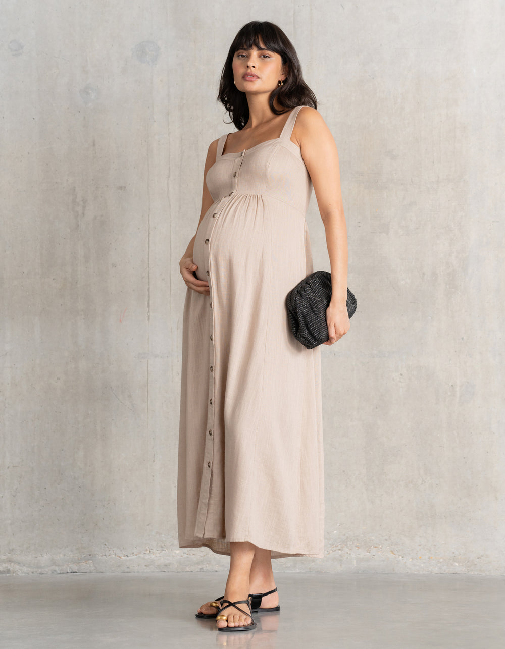 Linen-Blend Button-Front Midi Maternity + Nursing Dress