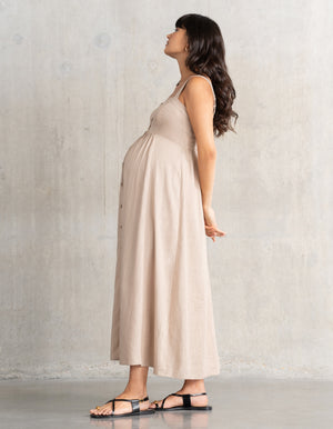 Robe grossesse et allaitement  mi-longue boutonnée sur le devant en mélange de lin