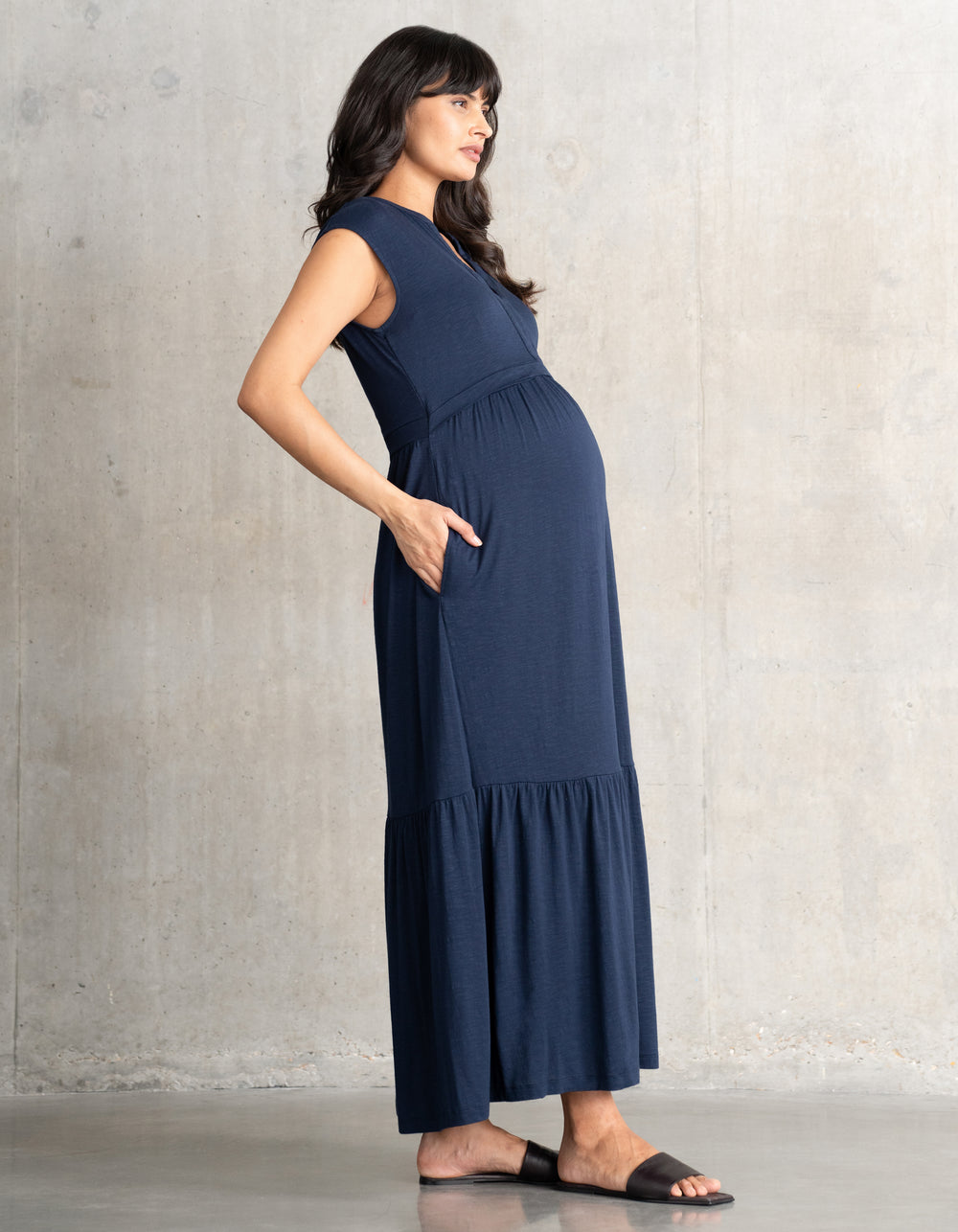 Notched Neck Jersey Maternity & Nursing Midi Dress