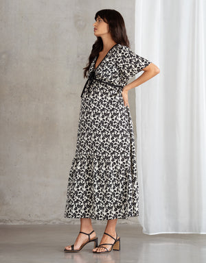 Monochrome Floral Print Maternity + Nursing Tea Dress with Bow Detail