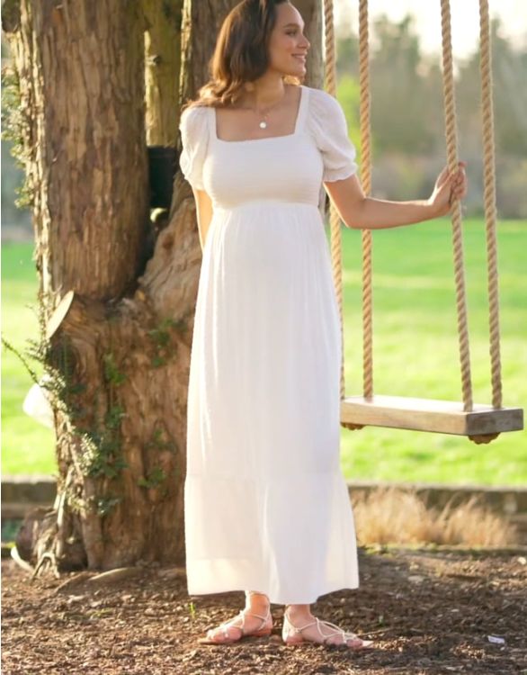 White Shirred Maternity Maxi Dress
