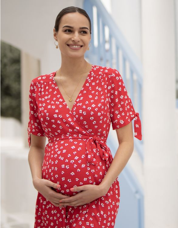 Red Midi Wrap Maternity Dress