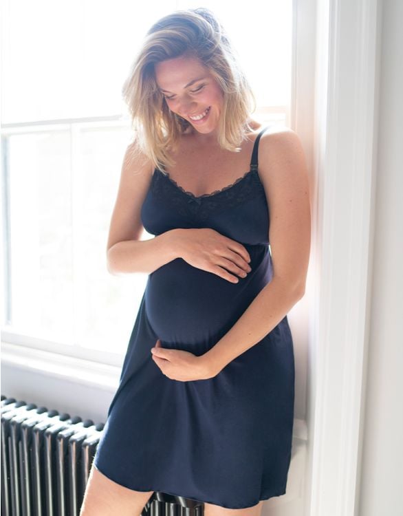 Motherhood Maternity Women's Lace Trim Clip Down Nursing Nightgown & Lounge  Dress for Breastfeeding