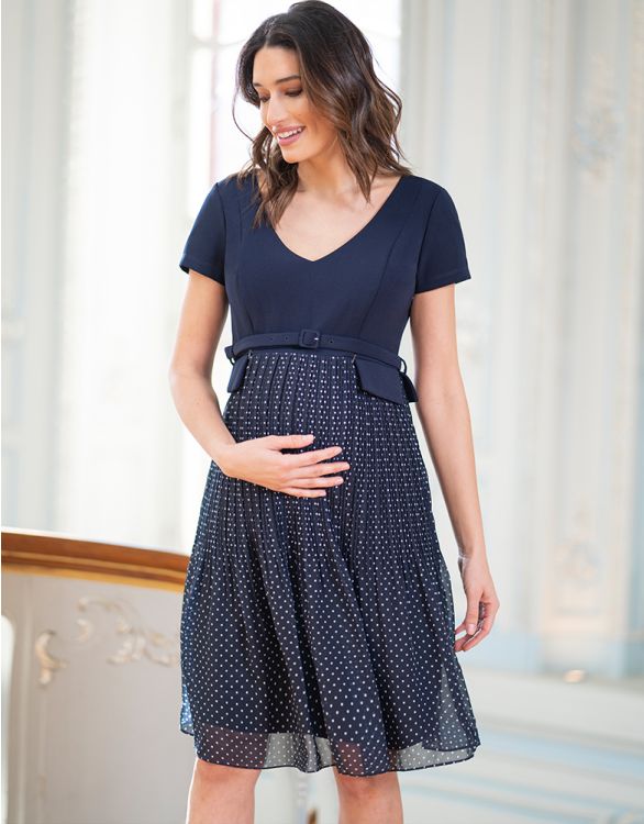Navy Blue Pleat Maternity & Nursing Dress | Seraphine