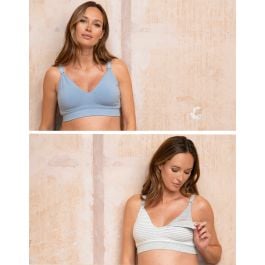 Two Pack Essential Maternity & Nursing Bras in Grey Stripe and Blue