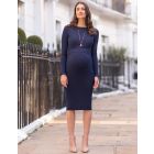 Navy Blue Ribbed Maternity & Nursing Midi Dress